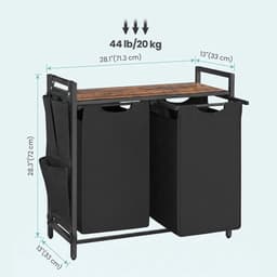 Wasmand Wasgoedmand 71,3 x 33 x 72 cm Zwart 2 vakken van 46 L Met uittrekbare en afneembare binnenzakken, zijvak en roosterplank Stevig metalen frame Gemakkelijk te monteren en reinigen Geschikt voor wasruimte, badkamer en slaapkamer — thumbnail 2