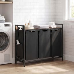 Wasmand Kledingverdeler 87,7 x 33 x 72 cm Zwart 3 vakken van 40 L Met uittrekbare en afneembare voeringzak, zijvak en roosterplank Stevig metalen frame Geschikt voor wasruimte, badkamer en slaapkamer — thumbnail 4