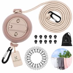 Kaiyaya - 1 stuk Waslijn - 10 meter Uittrekbare waslijn - Beige Oprolbaar - Met wasknijpers en opbergtas - Voor camping, balkon en binnen — thumbnail 1