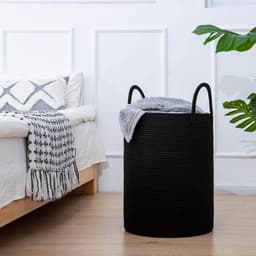 PolkaHome Wasmand Groot 58L - Opvouwbare Katoenen Opbergmand met Handvatten voor Badkamer, Woonkamer en Kinderkamer - Zwart — thumbnail 3
