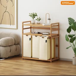 Wasmand 148L met 3 Vakken - Bamboe Wassorteerder met 2 Opbergplanken en Afneembare Waszak - 77,5 x 41,3 x 100,5 cm - Voor Badkamer, Slaapkamer en Wasruimte - Beige — thumbnail 3