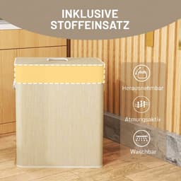 DESMIU Wasmand – 100 Liter – Met Deksel En 2 Vakken – Bamboe – Wit – Uitneembare Waszak Met Zijgrepen Voor Wasgoed Sorteren — thumbnail 5
