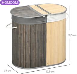 Wasmand - 100 liter - Deksel met handvat - 2 secties - Verwijderbare waszak - Voor de slaapkamer - Bamboe - Grijs en naturel — thumbnail 2