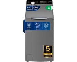 Heinner HWM-TL8013IVKSA++ Bovenlader Wasmachine 8 kg – 1300 tpm – Inverter Motor – Energieklasse A – 15 Programma’s met Trommelreiniging – Kinderslot – Zilver – 5 Jaar Garantie