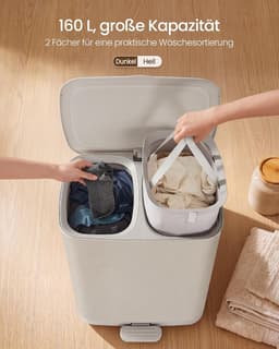 SONGMICS LCB832L101 Wasmand 160 L, Wasmand, 2 compartimenten, Wasgoedsorteerder met deksel, Handvatten, Uitneembare binnentas, Eenvoudige montage, Wasruimte, Pedaal, 56 x 47 x 75 cm, Cappuccino Beige — thumbnail 5