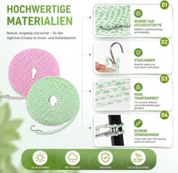 2 stuks waslijn, 16 m, antislip waslijn, camping, verstelbare winddichte waslijn met haken voor tuin, reizen, vakantie, camper of caravan (groenblauw-wit, roze-wit) — thumbnail 5