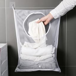 2-delige draagbare waszak, hangende wasmandzak, mesh waszak, 29 x 19 inch grote opvouwbare muurhangende wasmand met 4 zelfklevende haken voor vuile kleding, organisatie en opslag — thumbnail 1