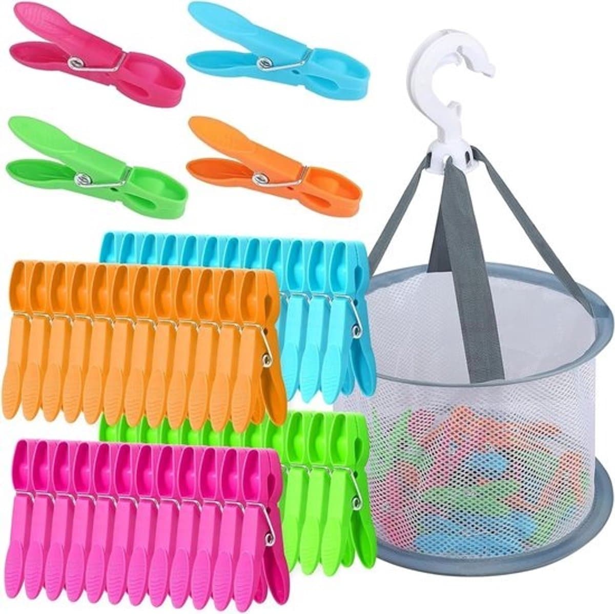 Kleurige winddichte wasknijpers - 48 stuks - plastic clips met mand — afbeelding 1
