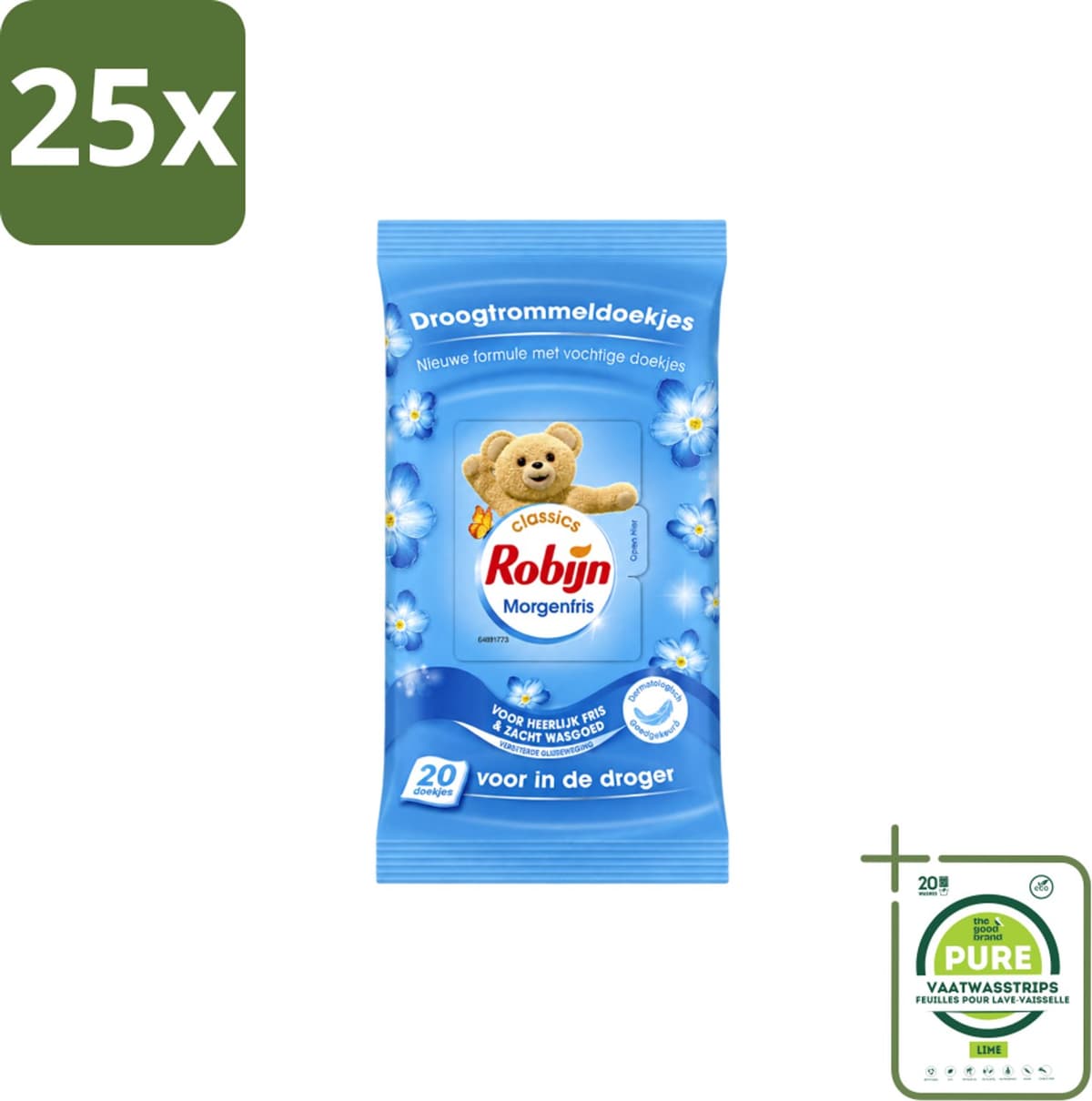 25 x Robijn – Droogtrommeldoekjes – Morgenfris - 20 Doekjes - Grootverpakking - Vaatwasstrips - Droogtrommeldoekjes - Wasgoed Drogen - Frisse Geur - Wasgoed Verzorgen - Kleuren Beschermen — afbeelding 1