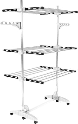 Droogrek Toren - Wasrek Inklapbaar - Kleding Drogen - 3 Niveaus Met Wielen - 66x14x86 cm - Zwart — thumbnail 1