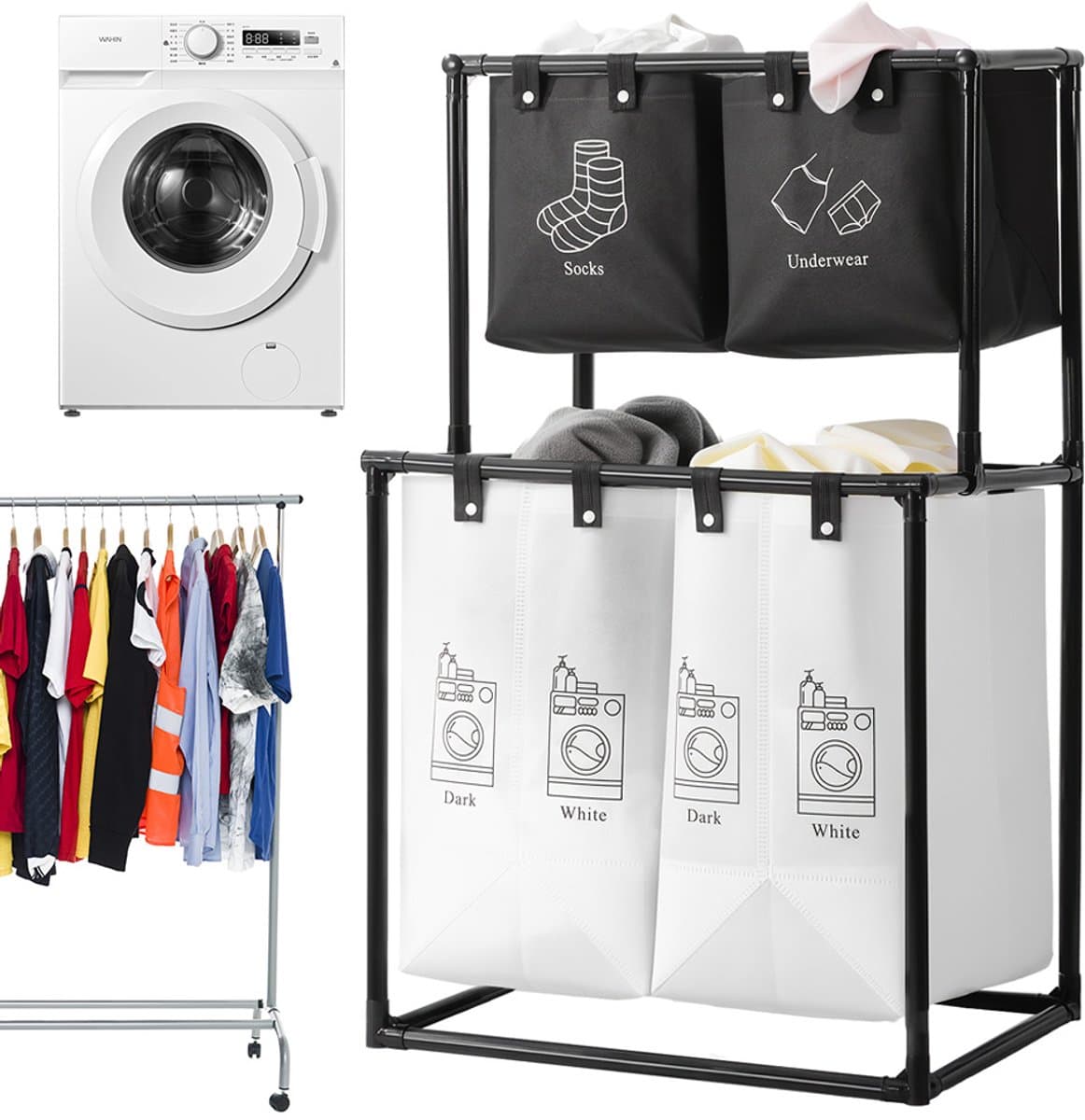 Wasmand 4 Vakken - Wassorteerder 2 Niveaus - Uitneembare Oxford-Stoffen Zakken - Opvouwbaar Metalen Frame - Ruimtebesparend Verticaal Ontwerp - 7 cm Verhoogde Onderzijde - Voor Badkamer, Slaapkamer en Wasruimte — afbeelding 1