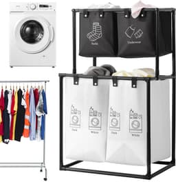 Wasmand 4 Vakken - Wassorteerder 2 Niveaus - Uitneembare Oxford-Stoffen Zakken - Opvouwbaar Metalen Frame - Ruimtebesparend Verticaal Ontwerp - 7 cm Verhoogde Onderzijde - Voor Badkamer, Slaapkamer en Wasruimte — thumbnail 1
