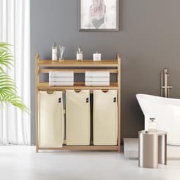 Wasmand 150L met 3 Vakken - Bamboe Wassorteerder met 3 Uitneembare Waszakken en 2 Opbergplanken - Uittrekbaar en Ademend - Voor Badkamer, Wasruimte en Slaapkamer - Beige — thumbnail 4