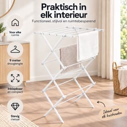 BOTC Droogrek Inklapbaar - Staand Wasrek met 9 Meter Drooglengte - Compact Opvouwbaar Droogrek voor Wasgoed - Metaal - Wit — thumbnail 3