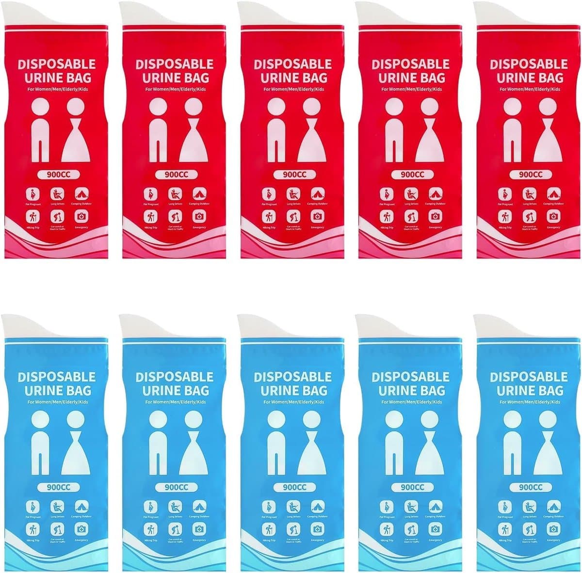 10 stuks outdoor urinezakken van 900 ml voor onderweg, tassen toilet, noodtoilet voor auto, noodtoiletten, plaszak, zaktoilet voor vrouwen, voor wandelen, auto, verstopping, reizen (blauw en — afbeelding 1