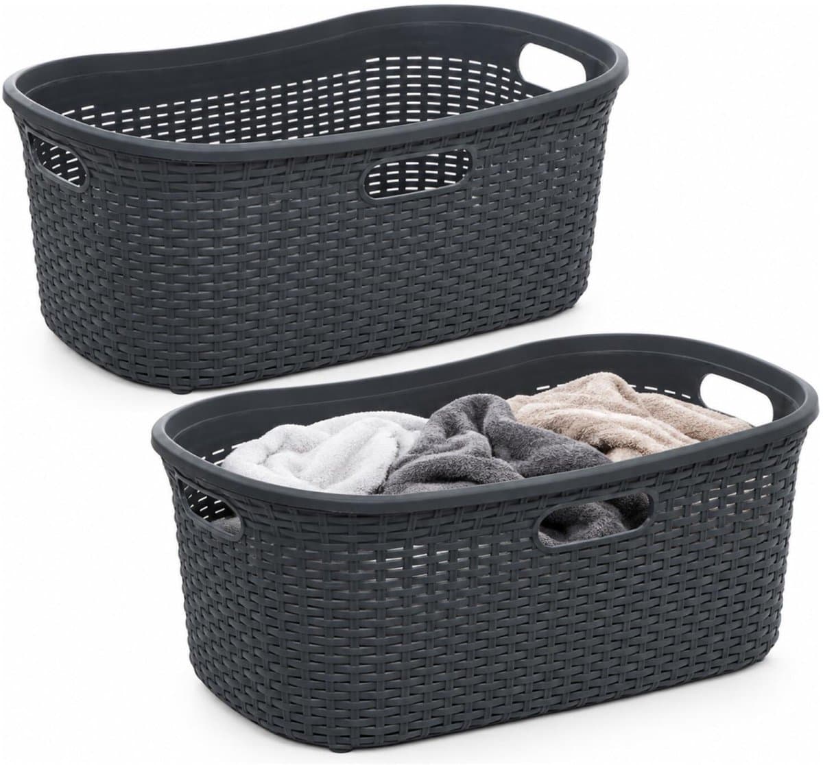 5Five Wasmand van rotan gevlochten - 2x - antraciet - kunststof - 40 liter - 59 x 38 x 27 cm - wasgoed manden — afbeelding 1