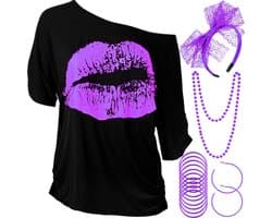 jaren 80 kostuum accessoires set, lippen print T-shirt kant hoofdband oorbellen ketting armband voor jaren 80 themafeest (paars, XXXL)