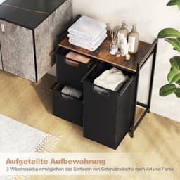 COSTWAY Wasmand met 3 vakken, wasmand met plank, 75 liter, wassorteerder met 3 afneembare zakken en metalen frame, uittrekbare wasmand voor waskeuken, badkamer, slaapzaal (3 vakken) — thumbnail 4