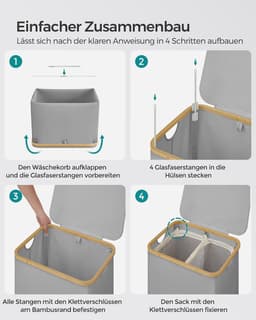 SONGMICS LCB513G01 Wasmand met Deksel, Wasmand met 2 Compartimenten, 130 L, Afneembare Waszak, Oxford Stof, Bamboe Handgrepen, Opvouwbaar, 52 x 38,5 x 70,5 cm, Duif Grijs — thumbnail 3