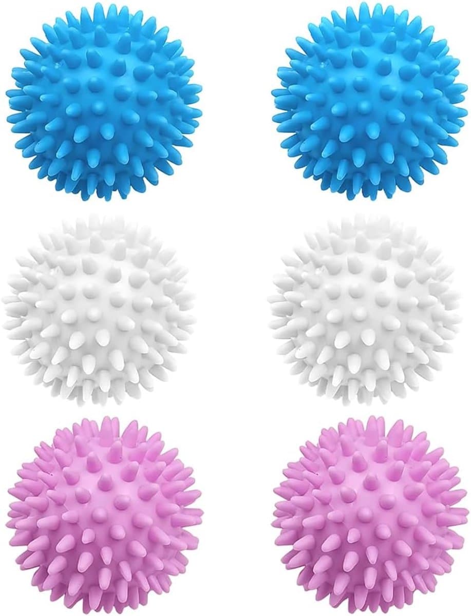 Doseerbal voor wasmachine, 6 stuks à 6 cm, drogerbal, wit, blauw en paars, herbruikbaar, antistatisch en sneldrogend — afbeelding 1
