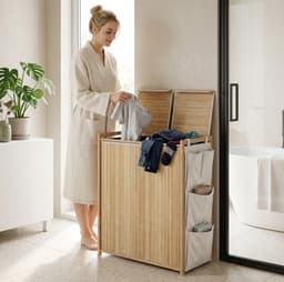 REDOM - Bamboe wasmand - 120 L inhoud - Scharnierend deksel en twee uitneembare trekkoordzakken - Vier zijvakken - Natuurlijk hout - 63 x 33 x 78 cm — thumbnail 1