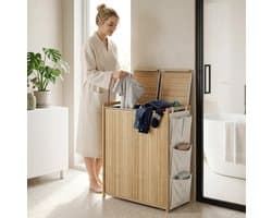REDOM - Bamboe wasmand - 120 L inhoud - Scharnierend deksel en twee uitneembare trekkoordzakken - Vier zijvakken - Natuurlijk hout - 63 x 33 x 78 cm