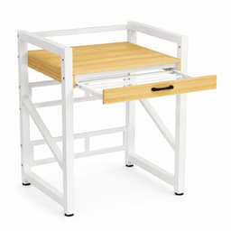 Livista Wasmachinerek - Wasmachine kast - Badkamerrek – Ruimtebesparende Wasmachine Organizer – Stalen Frame – 3 Hoogtestanden – Water-, Kras- en Hittebestendig Werkblad – Antislip Voetjes – Uitschuifbare Hangstang - 200 kg Draagvermogen - Wit/Hout — thumbnail 1