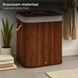 Lomera Bamboe Wasmand - Wasmand Met Deksel - 72 Liter Capaciteit - Opvouwbare Wasmand - Draaghengsels - Afneembaar Deksel - Natuurlijke Bruine Kleur - Verstevigde Metalen Ring - Uitneembare Waszak - Wasbare Binnenzak — thumbnail 5
