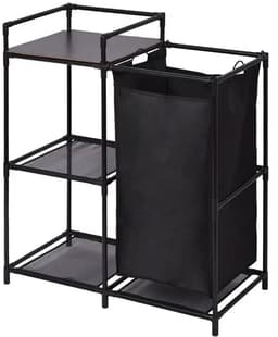 Linnen Opbergrek met Waszak 50L – Wasmand Organizer – 3 Lagen – Metalen Frame – Zwart — thumbnail 2