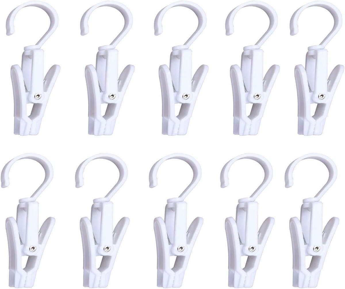 Draaibare Washaken Clips - 10 Stuks - Kunststof - 360° draaibare haak - Multifunctionele Ophanghaken voor Hoeden - Handdoeken - Sokken en Broeken - Wit — afbeelding 1
