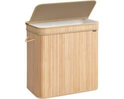 Wasmand, vuilnismand met deksel, handgrepen en uitneembare voering, 3-vaks indeling met een totale capaciteit van 150 liter, geschikt voor wasruimte, slaapkamer en toiletruimte, 41,5 x 62,5 x 61 cm, naturel.
