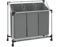 vidaXL - Wasmand - met - wielen - 3 - vakken - grijs