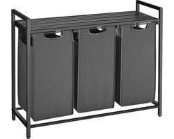 VASAGLE Wasmand 3 compartimenten, wasverzamelaar met plank, wasbox, Oxford-stof verwijderbaar metalen frame, 3 x 38 L, 92,5 x 33 x 72 cm, zwart-grijs BLH301G01