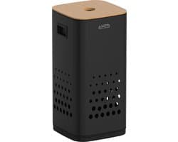 Luzzo® RVS Wasmand Zwart 50 liter met Bamboo Deksel