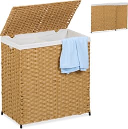 wasmand met 2 vakken - 110 liter - rotanlook - binnenzak - bruin-beige — thumbnail 1