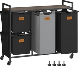 FurnStar - Wasmand 4 vakken - Wasverzamelaar 150 l - Wassorteerder - Waswagen met plank - Waszak - Kleine zijzakken - 6 etiketten - 98.6 x 33 x 80.5 cm - Kastanjebruin-Inktzwart-Duifgrijs — thumbnail 1