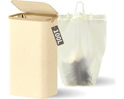 Wasmand met Deksel en Waszak - 100L - Groot Formaat - Wasmand - Opvouwbaar - Opbergmand - Linnen - Beige