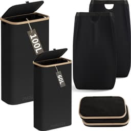 Wasmanden Set - 60L + 100L - 2 Stuks - Wasmand met Deksel - Wassorteerder - Opbergmand - Mand Vuile Was - Zwart — thumbnail 1