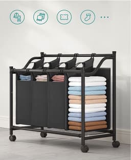 MIRA Home - Wasmand op wielen - Wassorteerder met 4 Compartimenten - Zwart - Metaal/Stof - 38,5x87,5x81 — thumbnail 3