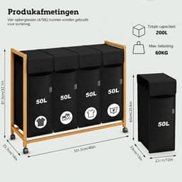 JCP® Wasmand - 200L - Wasmanden - Wasmand 4 Vakken - Zwart - 102cm x 36cm x 82cm — thumbnail 5