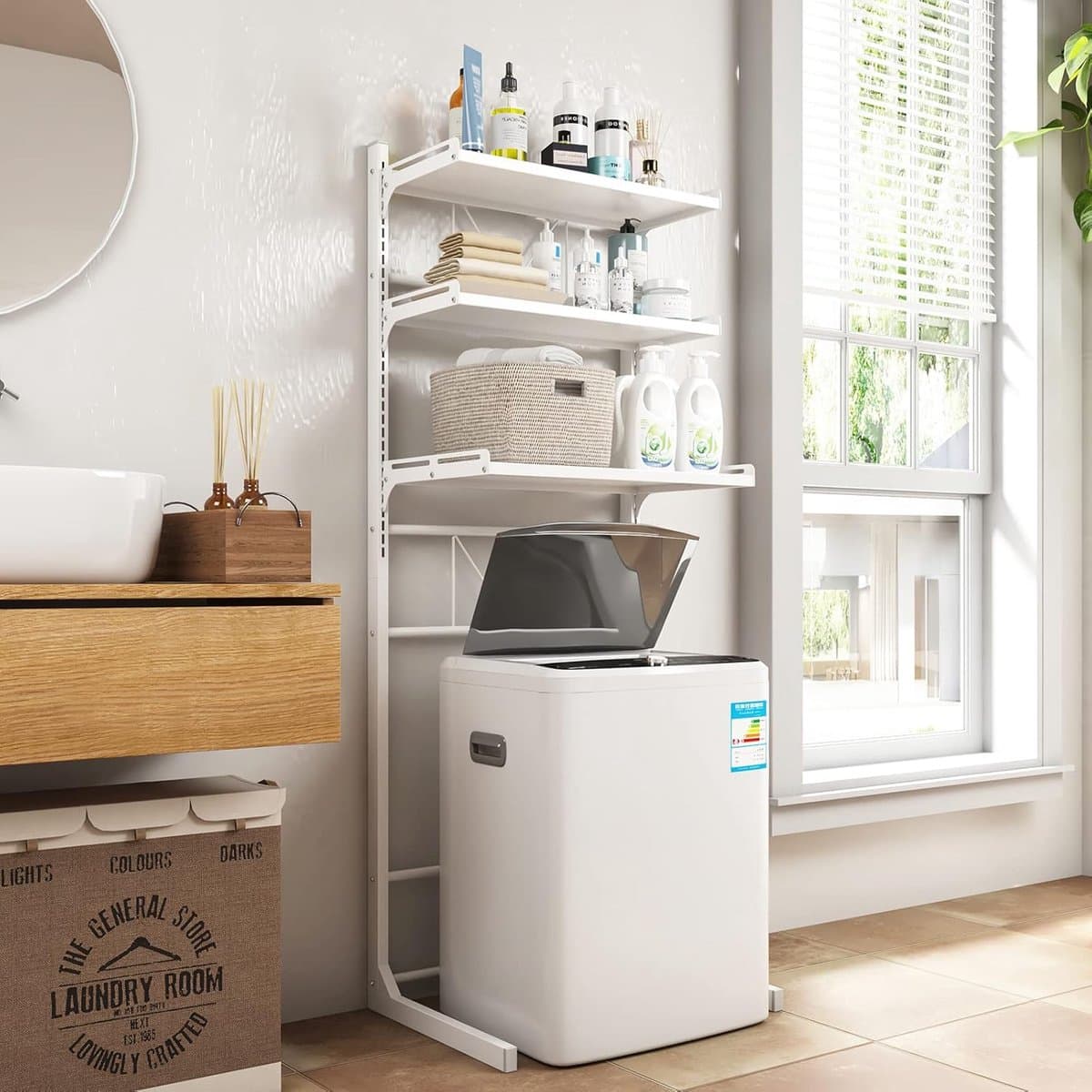 Over-The-Toilet Wasmachine Organizer Verstelbaar Opbergrek voor Wasruimte Badkamer Ruimtebesparend met in Hoogte Verstelbare Lade en Tafel — afbeelding 1