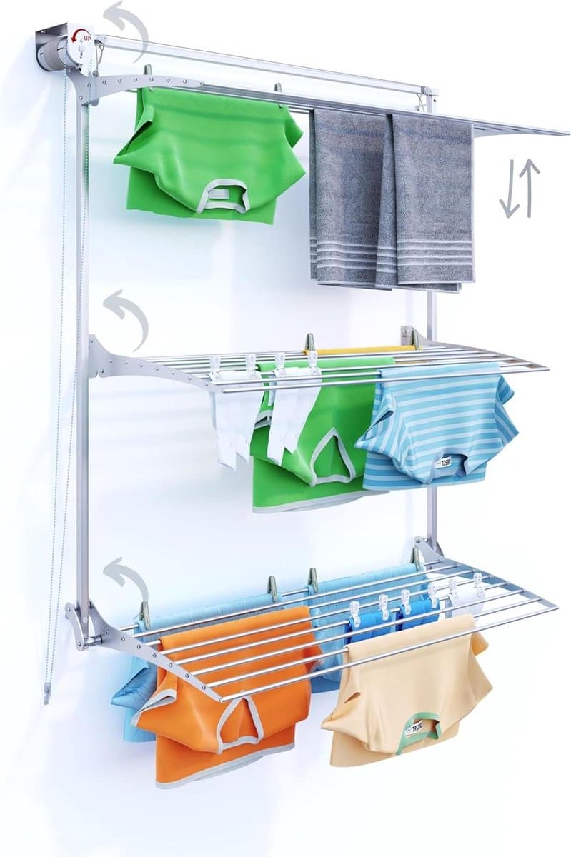 Wanddroger Toren - Kledingrek Uitschuifbaar - Was Drogen - Handige Kettingbediening - 128 cm Hoog - Grijs — afbeelding 1