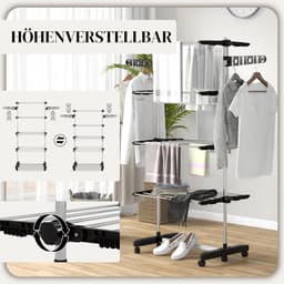 Wastoren met Wielen - Kledingrek Droogrek - Kleding Drogen - Opvouwbare Vleugels - 172 cm Hoog - Zwart — thumbnail 2