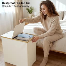 Wasmanden met deksel en 2 vakken, vuile wasbak, dubbele mand, opslag van wasgoed met 2 verwijderbare waszakken, 140 l, beige — thumbnail 3