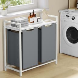 Wasmand met 2 vakken Wasgoed sorteerbak 73 x 33 x 72 cm Wit+grijs 2x46L grote capaciteit met verstelbare voetjes uittrekbare en afneembare waszakken en opbergrek Stevig metalen frame Geschikt voor wasruimte badkamer en slaapkamer — thumbnail 4