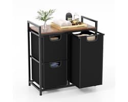 SureDeal® - Wasmand met 3 Vak - 75 L - Metalen Frame - 3 Afneembare Waszakken - 65 -5x33x72 cm - Zwart/Rustiek Bruin