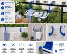 Balkon Droogrek – Wasrek voor Balkon – Hangend Droogrek – 3 Meter Drooglengte – 50 x 28 cm – Voor Klein Wasgoed – In Rood, Blauw of Grijs — thumbnail 3