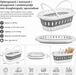 Kipit draagmand wasmand - opvouwbaar - kunststof - 49 Liter - grijs/wit - 58 x 38 x 23 cm - met hengsels - huishoud/camping — thumbnail 5