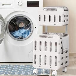 Wasmand op wielen - Kledingmand opbergmand - Kleding sorteren - Dubbellaags systeem - 47L x 41W x 14H cm - Wit — thumbnail 2