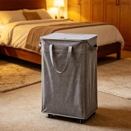 Rolbare Wasmand - Opbergbak Wielen - Kleding Opbergen - Verstevigd Metalen Frame - 75 Liter - Grijs — thumbnail 4